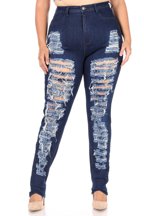 High Waisted Super Distressed Plus Size Skinny Jeans - Dark Denim - SohoGirl.com